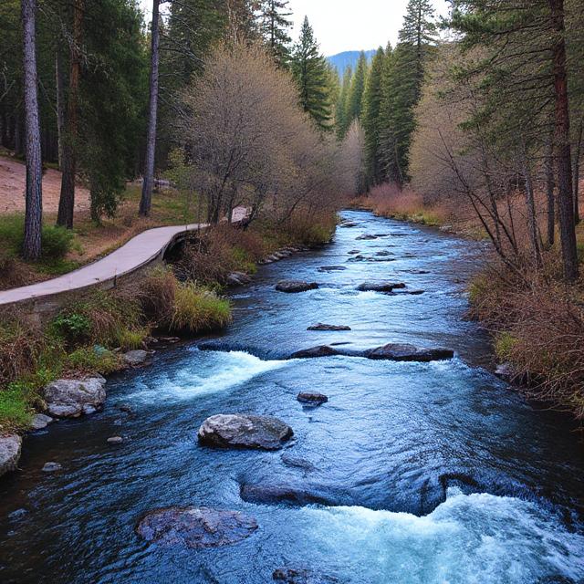 Deschutes River with trail and trees in Bend, Oregon